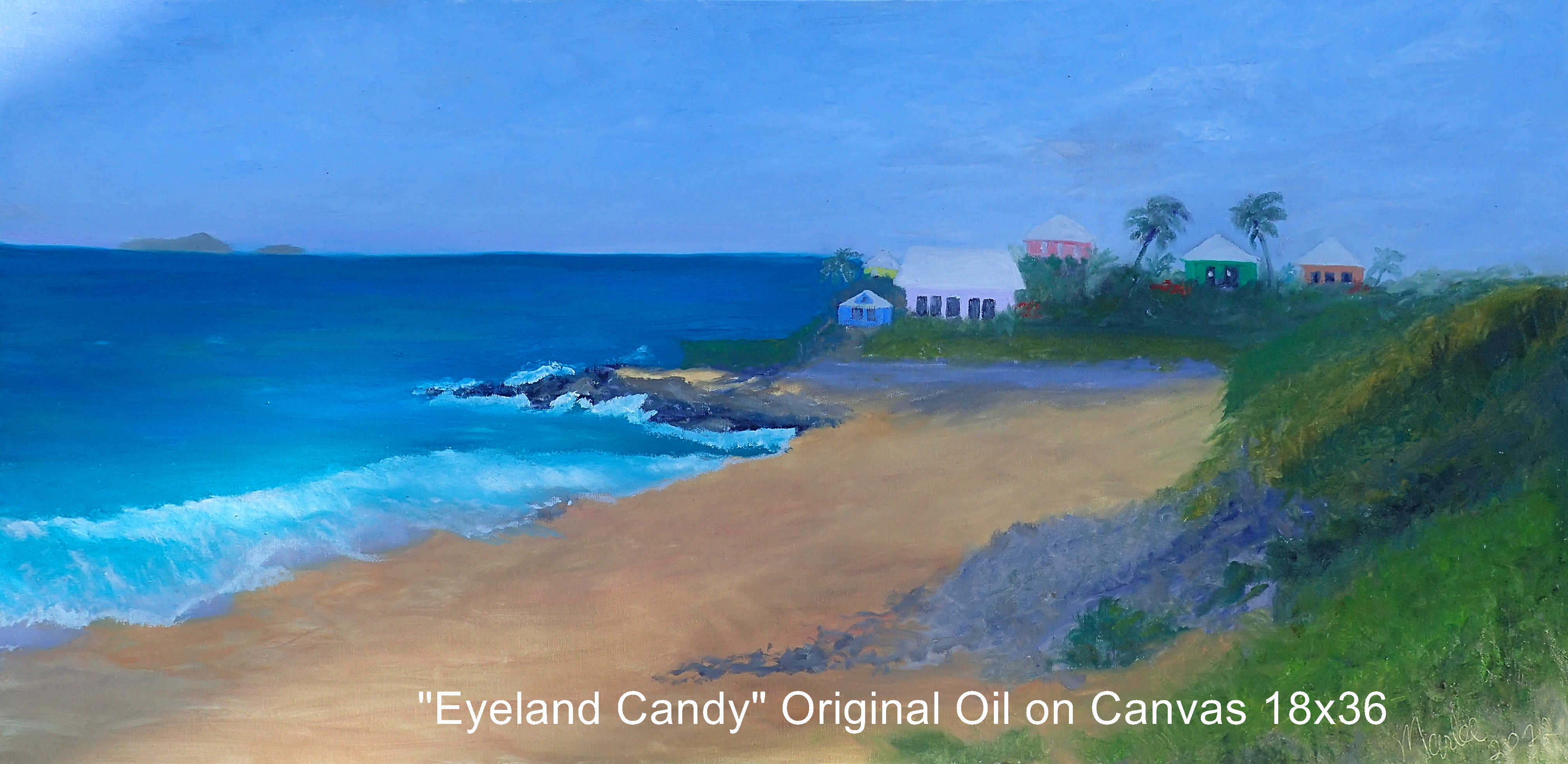 Original Oil on cradled canvas this painting captures the view of a quiet beach on Abaco.  The ocean was calm,  the day slightly overcast and the tropical breeze against 80F degree afternoon weather i